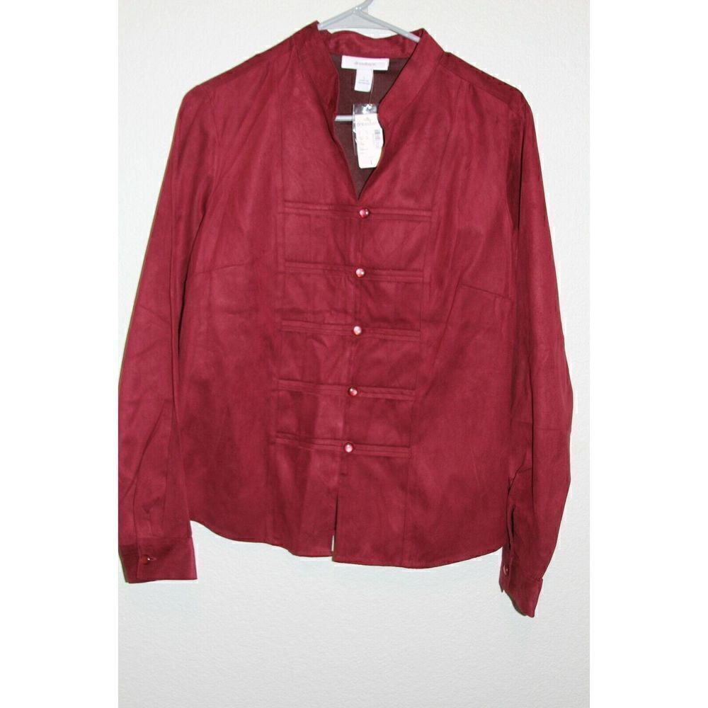 Dressbarn Top Large Red Womens Button Front Faux Seude Colorful New